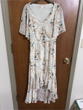 Altar'd State Ivory Floral High-Low Wrap Dress with Peach Accents